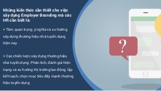 Những kiến thức cần thiết cho việc
xây dựng Employer Branding mà các
HR cần biết là:
+ Tầm quan trọng, ý nghĩa và xu hướng
xây dựng thương hiệu nhà tuyển dụng
hiện nay
+ Các chiến lược xây dựng thương hiệu
nhà tuyển dụng: Phân tích, đánh giá hiện
trạng và xu hướng thị trường lao động; lập
kế hoạch, chọn mục tiêu đẩy mạnh thương
hiệu tuyển dụng
 