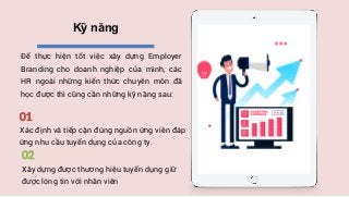 Kỹ năng
Để thực hiện tốt việc xây dựng Employer
Branding cho doanh nghiệp của mình, các
HR ngoài những kiến thức chuyên môn đã
học được thì cũng cần những kỹ năng sau:
Xác định và tiếp cận đúng nguồn ứng viên đáp
ứng nhu cầu tuyển dụng của công ty.
01
Xây dựng được thương hiệu tuyển dụng giữ
được lòng tin với nhân viên
02
 