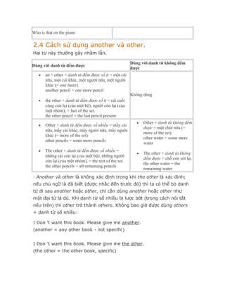 Who is that on the piano

2.4 Cách sử dụng another và other.
Hai từ này thường gây nhầm lẫn.

                                                        Dùng với danh từ không đếm
Dùng với danh từ đếm được
                                                        được
   •   an + other + danh từ đếm được số ít = một cái
       nữa, một cái khác, một người nữa, một người
       khác (= one more).
       another pencil = one more pencil
                                                        Không dùng
   •   the other + danh từ đếm được số ít = cái cuối
       cùng còn lại (của một bộ), người còn lại (của
       một nhóm), = last of the set.
       the other pencil = the last pencil present
                                                           •   Other + danh từ không đếm
   •   Other + danh từ đếm được số nhiều = mấy cái
                                                               được = một chút nữa (=
       nữa, mấy cái khác, mấy người nữa, mấy người
                                                               more of the set).
       khác (= more of the set).
                                                               other water = some more
       other pencils = some more pencils
                                                               water
   •   The other + danh từ đếm được số nhiều =
                                                           •   The other + danh từ không
       những cái còn lại (của một bộ), những người
                                                               đếm được = chỗ còn sót lại.
       còn lại (của một nhóm), = the rest of the set.
                                                               the other water = the
       the other pencils = all remaining pencils
                                                               remaining water
· Another và other là không xác định trong khi the other là xác định;
nếu chủ ngữ là đã biết (được nhắc đến trước đó) thì ta có thể bỏ danh
từ đi sau another hoặc other, chỉ cần dùng another hoặc other như
một đại từ là đủ. Khi danh từ số nhiều bị lược bớt (trong cách nói tắt
nêu trên) thì other trở thành others. Không bao giờ được dùng others
+ danh từ số nhiều:

I Don 't want this book. Please give me another.
(another = any other book - not specific)


I Don 't want this book. Please give me the other.
(the other = the other book, specific)
 