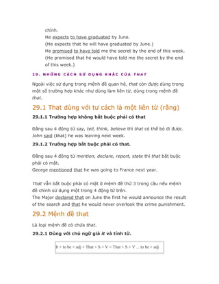 chính.
        He expects to have graduated by June.
        (He expects that he will have graduated by June.)
        He promised to have told me the secret by the end of this week.
        (He promised that he would have told me the secret by the end
        of this week.)

29. NHỮNG CÁCH SỬ DỤNG KHÁC CỦA THAT

Ngoài việc sử dụng trong mệnh đề quan hệ, that còn được dùng trong
một số trường hợp khác như dùng làm liên từ, dùng trong mệnh đề
that.

29.1 That dùng với tư cách là một liên từ (rằng)
29.1.1 Trường hợp không bắt buộc phải có that

Đằng sau 4 động từ say, tell, think, believe thì that có thể bỏ đi được.
John said (that) he was leaving next week.
29.1.2 Trường hợp bắt buộc phải có that.

Đằng sau 4 động từ mention, declare, report, state thì that bắt buộc
phải có mặt.
George mentioned that he was going to France next year.


That vẫn bắt buộc phải có mặt ở mệnh đề thứ 3 trong câu nếu mệnh
đề chính sử dụng một trong 4 động từ trên.
The Major declared that on June the first he would announce the result
of the search and that he would never overlook the crime punishment.

29.2 Mệnh đề that
Là loại mệnh đề có chứa that.
29.2.1 Dùng với chủ ngữ giả it và tính từ.


            It + to be + adj + That + S + V = That + S + V ... to be + adj
 