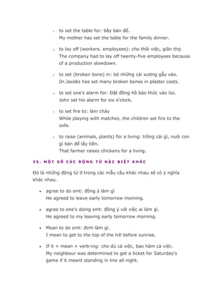 o   to set the table for: bầy bàn để.
             My mother has set the table for the family dinner.

         o   to lay off (workers. employees): cho thôi việc, giãn thợ.
             The company had to lay off twenty-five employees because
             of a production slowdown.

         o   to set (broken bone) in: bó những cái xương gẫy vào.
             Dr.Jacobs has set many broken bones in plaster casts.

         o   to set one's alarm for: Đặt đồng hồ báo thức vào lúc.
             John set his alarm for six o'clock.

         o   to set fire to: làm cháy
             While playing with matches, the children set fire to the
             sofa.

         o   to raise (animals, plants) for a living: trồng cái gì, nuôi con
             gì bán để lấy tiền.
             That farmer raises chickens for a living.

35. MỘT SỐ CÁC ĐỘNG TỪ ĐẶC BIỆT KHÁC


Đó là những động từ ở trong các mẫu câu khác nhau sẽ có ý nghĩa
khác nhau.

  •   agree to do smt: đồng ý làm gì
      He agreed to leave early tomorrow morning.

  •   agree to one's doing smt: đồng ý với việc ai làm gì.
      He agreed to my leaving early tomorrow morning.

  •   Mean to do smt: định làm gì.
      I mean to get to the top of the hill before sunrise.

  •   If it + mean + verb-ing: cho dù cả việc, bao hàm cả việc.
      My neighbour was determined to get a ticket for Saturday's
      game if it meant standing in line all night.
 