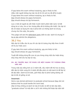 If one takes this exam without studying, one is likely to fail.
(Nếu một người không học bài mà đi thi thì anh ta rất dễ bị trượt)
If one takes this exam without studying, he is likely to fail.
One should always do one's homework.
One should always do his homework.

Lưu ý một số người do cẩn thận muốn tránh phân biệt nam/ nữ đã
dùng he or she, his or her nhưng điều đó là không cần thiết. Các đại từ
đó chỉ được sử dụng khi nào ở phía trên có những danh từ chung
chung như the side, the party.

The judge will ask the defendant party (bên bị cáo- danh từ chung) if
he or she admits the allegations.

38.2 You
Nếu đại từ ở đầu câu là you thì các đại từ tương ứng tiếp theo ở dưới
sẽ là you hoặc your.

If you take this exam without studying, you are likely to fail.
You should always do your homework.

Tuyệt đối không dùng lẫn one và you trong cùng một câu hoặc dùng
they thay thế cho hai đại từ này.

39. ĐI TRƯỚC ĐẠI TỪ PHẢI CÓ MỘT DANH TỪ TƯƠNG ỨNG
     VỚI NÓ

Trong một câu tiếng Anh có 2 mệnh đề, nếu mệnh đề thứ hai có dùng
đến đại từ nhân xưng thì ở mệnh đề đầu phải có một danh từ để đại từ
đó đại diện. Danh từ đi trước, giới thiệu đại từ phải tương đương với
đại từ đó về giống và số.

Incorrect:
Henry was denied admission to graduate school because they did not
believe that he could handle the work load.
(Đại từ they không có danh từ nào đi trước nó để nó làm đại diện.
"graduate school" là một đơn vị số ít nên không thể được đại diện bởi
 