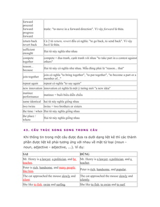 forward
proceed
forward          trước: "to move in a forward direction". Vì vậy forward là thừa.
progress
forward
return back      Cả 2 từ return, revert đều có nghĩa: "to go back, to send back". Vì vậy
revert back      back là thừa.
sufficient
                 Hai từ này nghĩa như nhau
enought
compete          compete = đua tranh, cạnh tranh với nhau "to take part in a contest against
together         others"
reason...
                 Hai từ này có nghĩa như nhau. Mẫu đúng phải là "reason... that"
because
                 join có nghĩa "to bring together", "to put together", "to become a part or a
join together
                 member of..."
repeat again     repeat có nghĩa "to say again"
new innovation innovation có nghĩa là một ý tưởng mới "a new idea"
matinee
                 matinee = buổi biểu diễn chiều
performance
same identical hai từ này nghĩa giống nhau
two twins        twins = two brothers or sisters
the time / when Hai từ này nghĩa giống nhau
the place /
                 Hai từ này nghĩa giống nhau
where


43. CẤU TRÚC SONG SONG TRONG CÂU

Khi thông tin trong một câu được đưa ra dưới dạng liệt kê thì các thành
phần được liệt kê phải tương ứng với nhau về mặt từ loại (noun -
noun, adjective - adjective, ...). Ví dụ:

SAI                                            ĐÚNG
Mr. Henry is a lawyer, a politician, and he    Mr. Henry is a lawyer, a politician, and a
teaches.                                       teacher.
Peter is rich, handsome, and many people
                                               Peter is rich, handsome, and popular.
like him.
The cat approached the mouse slowly and        The cat approached the mouse slowly and
silent.                                        silently.
She like to fish, swim and surfing.            She like to fish, to swim and to surf.
 