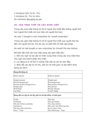 I introduce John to Dr. Tim.
I introduce Dr. Tim to John.
He mentions the party to me.

45. CÂU TRỰC TIẾP VÀ CÂU GIÁN TIẾP

Trong câu trực tiếp thông tin đi từ người thứ nhất đến thẳng người thứ
hai (người thứ nhất nói trực tiếp với người thứ hai).

He said "I bought a new motorbike for myself yesterday".

Trong câu gián tiếp thông tin đi từ người thứ nhất qua người thứ hai
đến với người thứ ba. Khi đó câu có biến đổi về mặt ngữ pháp.

He said he had bought a new motorbike for himself the day before.

Để biến đổi một câu trực tiếp sang câu gián tiếp cần:
1. Đổi chủ ngữ và các đại từ nhân xưng khác trong câu trực tiếp theo
chủ ngữ của thành phần thứ nhất.
2. Lùi động từ ở vế thứ 2 xuống một cấp so với lúc ban đầu.
3. Biến đổi các đại từ chỉ thị, phó từ chỉ thời gian và địa điểm theo
bảng qui định.

Bảng đổi động từ

Direct speech                               Indirect speech

Simple present                              Simple past
Present progressive                         Past progressive
Present perfect (Progressive)               Past perfect (Progressive)
Simple past                                 Past perfect
Will/Shall                                  Would/ Should
Can/May                                     Could/ Might

Bảng đổi các đại từ chỉ thị, phó từ chỉ địa điểm và thời gian

Today                                       That day
Yesterday                                   The day before
The day before yesterday                    Two days before
Tomorrow                                    The next/ the following day
The day after tomorrow                      In two days' time
Next + Time                                 The following + Time
 