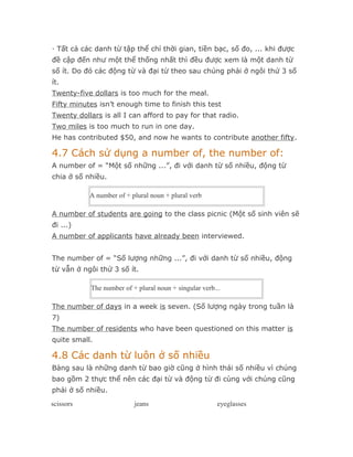 · Tất cả các danh từ tập thể chỉ thời gian, tiền bạc, số đo, ... khi được
đề cập đến như một thể thống nhất thì đều được xem là một danh từ
số ít. Do đó các động từ và đại từ theo sau chúng phải ở ngôi thứ 3 số
ít.
Twenty-five dollars is too much for the meal.
Fifty minutes isn’t enough time to finish this test
Twenty dollars is all I can afford to pay for that radio.
Two miles is too much to run in one day.
He has contributed $50, and now he wants to contribute another fifty.

4.7 Cách sử dụng a number of, the number of:
A number of = “Một số những ...”, đi với danh từ số nhiều, động từ
chia ở số nhiều.

           A number of + plural noun + plural verb

A number of students are going to the class picnic (Một số sinh viên sẽ
đi ...)
A number of applicants have already been interviewed.


The number of = “Số lượng những ...”, đi với danh từ số nhiều, động
từ vẫn ở ngôi thứ 3 số ít.

           The number of + plural noun + singular verb...

The number of days in a week is seven. (Số lượng ngày trong tuần là
7)
The number of residents who have been questioned on this matter is
quite small.

4.8 Các danh từ luôn ở số nhiều
Bảng sau là những danh từ bao giờ cũng ở hình thái số nhiều vì chúng
bao gồm 2 thực thể nên các đại từ và động từ đi cùng với chúng cũng
phải ở số nhiều.
scissors                  jeans                         eyeglasses
 