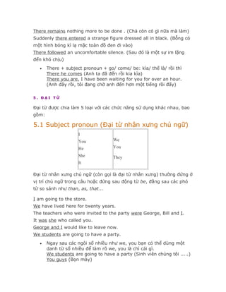 There remains nothing more to be done . (Chả còn có gì nữa mà làm)
Suddenly there entered a strange figure dressed all in black. (Bỗng có
một hình bóng kì lạ mặc toàn đồ đen đi vào)
There followed an uncomfortable silence. (Sau đó là một sự im lặng
đến khó chịu)
   •   There + subject pronoun + go/ come/ be: kìa/ thế là/ rồi thì
       There he comes (Anh ta đã đến rồi kia kìa)
       There you are, I have been waiting for you for over an hour.
       (Anh đây rồi, tôi đang chờ anh đến hơn một tiếng rồi đấy)

5. ĐẠI TỪ

Đại từ được chia làm 5 loại với các chức năng sử dụng khác nhau, bao
gồm:

5.1 Subject pronoun (Đại từ nhân xưng chủ ngữ)
                     I
                     You             We
                     He              You
                     She             They
                     It

Đại từ nhân xưng chủ ngữ (còn gọi là đại từ nhân xưng) thường đứng ở
vị trí chủ ngữ trong câu hoặc đứng sau động từ be, đằng sau các phó
từ so sánh như than, as, that...

I am going to the store.
We have lived here for twenty years.
The teachers who were invited to the party were George, Bill and I.
It was she who called you.
George and I would like to leave now.
We students are going to have a party.
   •   Ngay sau các ngôi số nhiều như we, you bạn có thể dùng một
       danh từ số nhiều để làm rõ we, you là chỉ cái gì.
       We students are going to have a party (Sinh viên chúng tôi .....)
       You guys (Bọn mày)
 