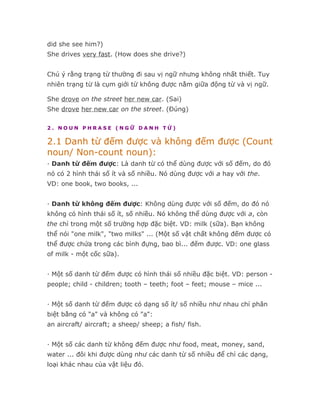 did she see him?)
She drives very fast. (How does she drive?)


Chú ý rằng trạng từ thường đi sau vị ngữ nhưng không nhất thiết. Tuy
nhiên trạng từ là cụm giới từ không được nằm giữa động từ và vị ngữ.

She drove on the street her new car. (Sai)
She drove her new car on the street. (Đúng)

2. NOUN PHRASE (NGỮ DANH TỪ)

2.1 Danh từ đếm được và không đếm được (Count
noun/ Non-count noun):
· Danh từ đếm được: Là danh từ có thể dùng được với số đếm, do đó
nó có 2 hình thái số ít và số nhiều. Nó dùng được với a hay với the.
VD: one book, two books, ...


· Danh từ không đếm được: Không dùng được với số đếm, do đó nó
không có hình thái số ít, số nhiều. Nó không thể dùng được với a, còn
the chỉ trong một số trường hợp đặc biệt. VD: milk (sữa). Bạn không
thể nói "one milk", "two milks" ... (Một số vật chất không đếm được có
thể được chứa trong các bình đựng, bao bì... đếm được. VD: one glass
of milk - một cốc sữa).


· Một số danh từ đếm được có hình thái số nhiều đặc biệt. VD: person -
people; child - children; tooth – teeth; foot – feet; mouse – mice ...


· Một số danh từ đếm được có dạng số ít/ số nhiều như nhau chỉ phân
biệt bằng có "a" và không có "a":
an aircraft/ aircraft; a sheep/ sheep; a fish/ fish.


· Một số các danh từ không đếm được như food, meat, money, sand,
water ... đôi khi được dùng như các danh từ số nhiều để chỉ các dạng,
loại khác nhau của vật liệu đó.
 