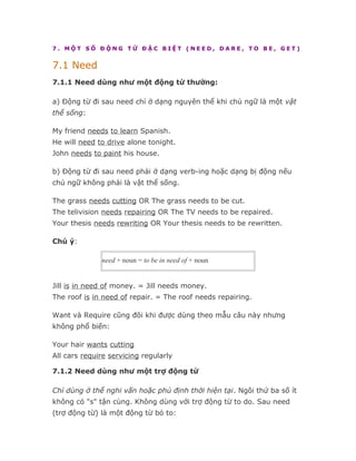 7. MỘT SỐ ĐỘNG TỪ ĐẶC BIỆT (NEED, DARE, TO BE, GET)


7.1 Need
7.1.1 Need dùng như một động từ thường:

a) Động từ đi sau need chỉ ở dạng nguyên thể khi chủ ngữ là một vật
thể sống:

My friend needs to learn Spanish.
He will need to drive alone tonight.
John needs to paint his house.

b) Động từ đi sau need phải ở dạng verb-ing hoặc dạng bị động nếu
chủ ngữ không phải là vật thể sống.

The grass needs cutting OR The grass needs to be cut.
The telivision needs repairing OR The TV needs to be repaired.
Your thesis needs rewriting OR Your thesis needs to be rewritten.

Chú ý:

              need + noun = to be in need of + noun


Jill is in need of money. = Jill needs money.
The roof is in need of repair. = The roof needs repairing.

Want và Require cũng đôi khi được dùng theo mẫu câu này nhưng
không phổ biến:

Your hair wants cutting
All cars require servicing regularly

7.1.2 Need dùng như một trợ động từ

Chỉ dùng ở thể nghi vấn hoặc phủ định thời hiện tại. Ngôi thứ ba số ít
không có "s" tận cùng. Không dùng với trợ động từ to do. Sau need
(trợ động từ) là một động từ bỏ to:
 