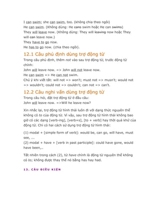 I can swim; she can swim, too. (không chia theo ngôi)
He can swim. (Không dùng: He cans swim hoặc He can swims)
They will leave now. (Không dùng: They will leaving now hoặc They
will can leave now.)
They have to go now.
He has to go now. (chia theo ngôi).

12.1 Câu phủ định dùng trợ động từ
Trong câu phủ định, thêm not vào sau trợ động từ, trước động từ
chính:
John will leave now. => John will not leave now.
He can swim => He can not swim.
Chú ý khi viết tắt: will not => won't; must not => musn't; would not
=> wouldn't; could not => couldn't; can not => can't.

12.2 Câu nghi vấn dùng trợ động từ
Trong câu hỏi, đặt trợ động từ ở đầu câu:
John will leave now. =>Will he leave now?

Xin nhắc lại, trợ động từ hình thái luôn đi với dạng thức nguyên thể
không có to của động từ. Vì vậy, sau trợ động từ hình thái không bao
giờ có các dạng [verb-ing], [verb+s], [to + verb] hay thời quá khứ của
động từ. Chỉ có hai cách sử dụng trợ động từ hình thái:

(1) modal + [simple form of verb]: would be, can go, will have, must
see, ...
(2) modal + have + [verb in past participle]: could have gone, would
have been,..

Tất nhiên trong cách (2), từ have chính là động từ nguyên thể không
có to; không được thay thế nó bằng has hay had.

13. CÂU ĐIỀU KIỆN
 