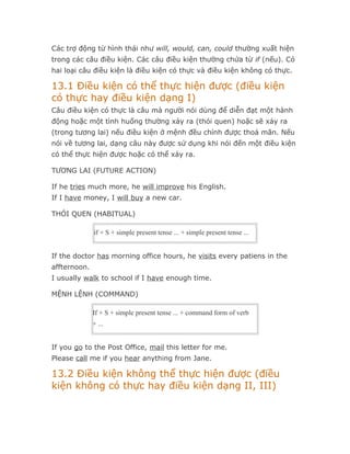 Các trợ động từ hình thái như will, would, can, could thường xuất hiện
trong các câu điều kiện. Các câu điều kiện thường chứa từ if (nếu). Có
hai loại câu điều kiện là điều kiện có thực và điều kiện không có thực.

13.1 Điều kiện có thể thực hiện được (điều kiện
có thực hay điều kiện dạng I)
Câu điều kiện có thực là câu mà người nói dùng để diễn đạt một hành
động hoặc một tình huống thường xảy ra (thói quen) hoặc sẽ xảy ra
(trong tương lai) nếu điều kiện ở mệnh đều chính được thoả mãn. Nếu
nói về tương lai, dạng câu này được sử dụng khi nói đến một điều kiện
có thể thực hiện được hoặc có thể xảy ra.

TƯƠNG LAI (FUTURE ACTION)

If he tries much more, he will improve his English.
If I have money, I will buy a new car.

THÓI QUEN (HABITUAL)

              if + S + simple present tense ... + simple present tense ...


If the doctor has morning office hours, he visits every patiens in the
affternoon.
I usually walk to school if I have enough time.

MỆNH LỆNH (COMMAND)

              If + S + simple present tense ... + command form of verb
              + ...


If you go to the Post Office, mail this letter for me.
Please call me if you hear anything from Jane.

13.2 Điều kiện không thể thực hiện được (điều
kiện không có thực hay điều kiện dạng II, III)
 