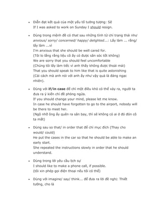 •   Diễn đạt kết quả của một yếu tố tưởng tượng: Sẽ
    If I was asked to work on Sunday I should resign.

•   Dùng trong mệnh đề có that sau những tính từ chỉ trạng thái như
    anxious/ sorry/ concerned/ happy/ delighted...: Lấy làm ... rằng/
    lấy làm ...vì
    I'm anxious that she should be well cared for.
    (Tôi lo lắng rằng liệu cô ấy có được săn sóc tốt không)
    We are sorry that you should feel uncomfortable
    (Chúng tôi lấy làm tiếc vì anh thấy không được thoải mái)
    That you should speak to him like that is quite astonishing
    (Cái cách mà anh nói với anh ấy như vậy quả là đáng ngạc
    nhiên).

•   Dùng với if/in case để chỉ một điều khó có thể xảy ra, người ta
    đưa ra ý kiến chỉ đề phòng ngừa.
    If you should change your mind, please let me know.
    In case he should have forgotten to go to the airport, nobody will
    be there to meet her.
    (Ngộ nhỡ ông ấy quên ra sân bay, thì sẽ không có ai ở đó đón cô
    ta mất)

•   Dùng sau so that/ in order that để chỉ mục đích (Thay cho
    would/ could)
    He put the cases in the car so that he should be able to make an
    early start.
    She repeated the instructions slowly in order that he should
    understand.

•   Dùng trong lời yêu cầu lịch sự
    I should like to make a phone call, if possible.
    (tôi xin phép gọi điện thoại nếu tôi có thể)

•   Dùng với imagine/ say/ think... để đưa ra lời đề nghị: Thiết
    tưởng, cho là
 
