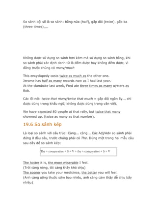 So sánh bội số là so sánh: bằng nửa (half), gấp đôi (twice), gấp ba
(three times),...




Không được sử dụng so sánh hơn kém mà sử dụng so sánh bằng, khi
so sánh phải xác định danh từ là đếm được hay không đếm được, vì
đằng trước chúng có many/much

This encyclopedy costs twice as much as the other one.
Jerome has half as many records now as I had last year.
At the clambake last week, Fred ate three times as many oysters as
Bob.

Các lối nói: twice that many/twice that much = gấp đôi ngần ấy... chỉ
được dùng trong khẩu ngữ, không được dùng trong văn viết.

We have expected 80 people at that rally, but twice that many
showned up. (twice as many as that number).

19.6 So sánh kép
Là loại so sánh với cấu trúc: Càng... càng... Các Adj/Adv so sánh phải
đứng ở đầu câu, trước chúng phải có The. Dùng một trong hai mẫu câu
sau đây để so sánh kép:

           The + comparative + S + V + the + comparative + S + V


The hotter it is, the more miserable I feel.
(Trời càng nóng, tôi càng thấy khó chịu)
The sooner you take your medicince, the better you will feel.
(Anh càng uống thuốc sớm bao nhiêu, anh càng cảm thấy dễ chịu bấy
nhiêu)
 