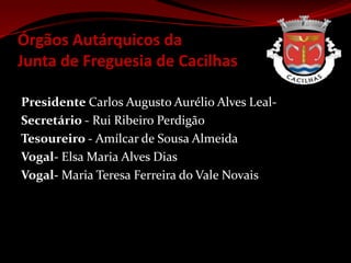 Órgãos Autárquicos daJunta de Freguesia de CacilhasPresidente Carlos Augusto Aurélio Alves Leal-Secretário - Rui Ribeiro PerdigãoTesoureiro - Amílcar de Sousa AlmeidaVogal- Elsa Maria Alves DiasVogal- Maria Teresa Ferreira do Vale Novais