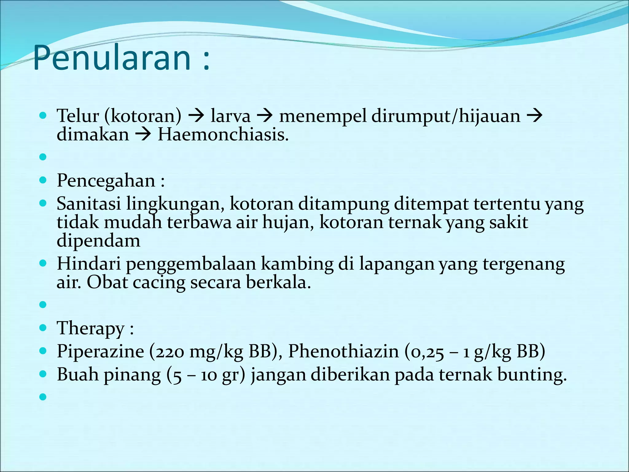 Penularan :
 Telur (kotoran)  larva  menempel dirumput/hijauan 
dimakan  Haemonchiasis.

 Pencegahan :
 Sanitasi lingkungan, kotoran ditampung ditempat tertentu yang
tidak mudah terbawa air hujan, kotoran ternak yang sakit
dipendam
 Hindari penggembalaan kambing di lapangan yang tergenang
air. Obat cacing secara berkala.

 Therapy :
 Piperazine (220 mg/kg BB), Phenothiazin (0,25 – 1 g/kg BB)
 Buah pinang (5 – 10 gr) jangan diberikan pada ternak bunting.

 