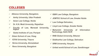 COLLEGES
 Alliance University, Bangalore.
 Amity University, Uttar Pradesh
 Asian Law College, Noida
 Dr. K.N. Modi Unversity, Rajasthan
 Faculty of Law, Marwadi University,
Rajkot
 Geeta Institute of Law, Panipat
 Gitam School of Law, Vizag
 ICFAI University, Tripura
 Nirma University, Ahmedabad
 Reva University, Bangalore
 ISBR Law College, Bangalore
 JEMTEC School of Law, Greater Noida
 Law College Dehradun,
 Lloyd Law College, Greater Noida
 Maharishi University of Information
Technology, Delhi NCR
 RNB Global University, Bikaner
 Siddhartha Law College, Dehradun
 SRM University, Haryana
 United world School of Law, Gandhinagar
 