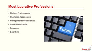 Most Lucrative Professions
 Medical Professionals
 Chartered Accountants
 Management Professionals
 Law Professionals
 Engineers
 Scientists
 