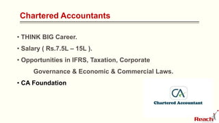 Chartered Accountants
• THINK BIG Career.
• Salary ( Rs.7.5L – 15L ).
• Opportunities in IFRS, Taxation, Corporate
Governance & Economic & Commercial Laws.
• CA Foundation
 