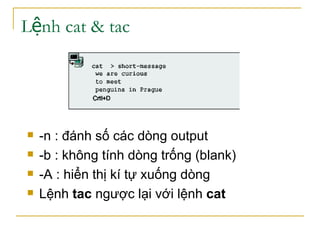 L nh cat & tacệ
 -n : đánh số các dòng output
 -b : không tính dòng trống (blank)
 -A : hiển thị kí tự xuống dòng
 Lệnh tac ngược lại với lệnh cat
 