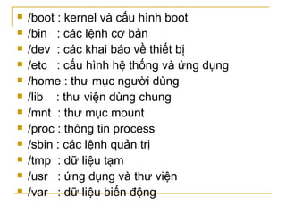  /boot : kernel và cấu hình boot
 /bin : các lệnh cơ bản
 /dev : các khai báo về thiết bị
 /etc : cấu hình hệ thống và ứng dụng
 /home : thư mục người dùng
 /lib : thư viện dùng chung
 /mnt : thư mục mount
 /proc : thông tin process
 /sbin : các lệnh quản trị
 /tmp : dữ liệu tạm
 /usr : ứng dụng và thư viện
 /var : dữ liệu biến động
 