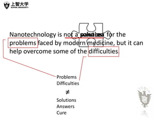 Nanotechnology is not a panacea for the
                        solution
problems faced by modern medicine, but it can
help overcome some of the difficulties.


               Problems
               Difficulties
                   ≠
               Solutions
               Answers
               Cure
 