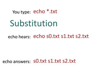 echo *.txtYou type:Substitutionecho s0.txt s1.txt s2.txtecho hears:s0.txt s1.txt s2.txtecho answers: