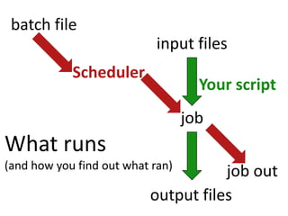batch fileinput filesSchedulerYourscriptjobWhat runs(and how you find out what ran)job outoutput files