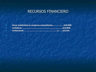 RECURSOS FINANCIERO Hacer publicidad en emisoras comunitarias………………$20.000 carteleras………………………………………………………...$10.000 invitaciones ……………………………………………………....$……..$5O.000 