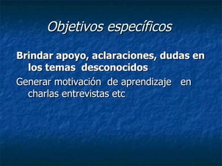 Objetivos específicos   Brindar apoyo, aclaraciones, dudas en los temas  desconocidos Generar motivación  de aprendizaje  en charlas entrevistas etc  