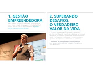 1. Gestão
Empreendedora
Nesta palestra, o jornalista compartilha suas experiências
como diretor e criador do programa "Profissão Repórter",
no qual tem um foco em desenvolvimento de pessoas,
talentos e atitudes empreendedoras.
2. Superando
desafios:
o verdadeiro
valor da vida
Caco expõe os desafios e dificuldades que encontrou
durante seus 30 anos de experiência profissional, na liderança
de redações, na cobertura jornalística de matérias sobre forte
tensão e como taxista, atividade que o motivou, enquanto
estudante de engenharia, a se encontrar no jornalismo.
“Se pudesse escolher, preferiria não correr riscos.
Mas acho fundamental tocar nas questões nacionais
mais delicadas”
 