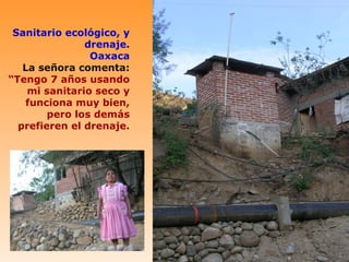 Sanitario ecológico, y
               drenaje.
                Oaxaca
   La señora comenta:
“Tengo 7 años usando
    mi sanitario seco y
   funciona muy bien,
        pero los demás
  prefieren el drenaje.
 