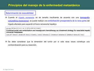 Dr. Edgar Yan Quiroz
Principios del manejo de la enfermedad metastásica
Determinación de resecabilidad
Principios del manejo de la enfermedad metastásica
 Cuando el hígado remanente es de tamaño insuficiente de acuerdo con una tomografía
volumétrica transversal, se puede realizar una embolización preoperatoria de la vena porta del
hígado afectado para expandir el futuro remanente hepático
 Se debe considerar que la dimensión del tumor por sí sola raras veces constituye una
contraindicación para su resección.
 