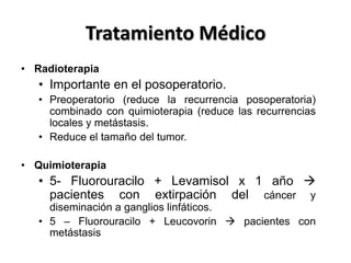 Tratamiento Médico
• Radioterapia
   • Importante en el posoperatorio.
   • Preoperatorio (reduce la recurrencia posoperatoria)
     combinado con quimioterapia (reduce las recurrencias
     locales y metástasis.
   • Reduce el tamaño del tumor.

• Quimioterapia
   • 5- Fluorouracilo + Levamisol x 1 año 
     pacientes con extirpación del cáncer y
     diseminación a ganglios linfáticos.
   • 5 – Fluorouracilo + Leucovorin  pacientes con
     metástasis
 