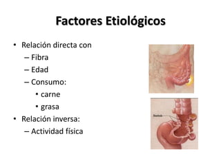 Factores Etiológicos
• Relación directa con
   – Fibra
   – Edad
   – Consumo:
      • carne
      • grasa
• Relación inversa:
   – Actividad física
 