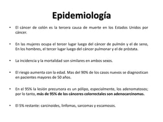 Epidemiología
•   El cáncer de colón es la tercera causa de muerte en los Estados Unidos por
    cáncer.

•   En las mujeres ocupa el tercer lugar luego del cáncer de pulmón y el de seno,
    En los hombres, el tercer lugar luego del cáncer pulmonar y el de próstata.

•   La incidencia y la mortalidad son similares en ambos sexos.

•   El riesgo aumenta con la edad. Mas del 90% de los casos nuevos se diagnostican
    en pacientes mayores de 50 años.

•   En el 95% la lesión precursora es un pólipo, especialmente, los adenomatosos;
    por lo tanto, más de 95% de los cánceres colorrectales son adenocarcinomas.

•   El 5% restante: carcinoides, linfomas, sarcomas y escamosos.
 