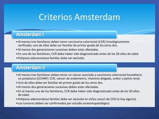 Criterios Amsterdam

• Al menos tres familiares deben tener carcinoma colorrectal (CCR) histológicamente
  verificado; uno de ellos debe ser familiar de primer grado de los otros dos.
• Al menos dos generaciones sucesivas deben estar afectadas.
• En uno de los familiares, CCR debe haber sido diagnosticado antes de los 50 años de edad.
• Poliposis adenomatosa familiar debe ser excluida.




• Al menos tres familiares deben tener un cáncer asociado a carcinoma colorrectal hereditario
  no polipósico (CCHNP): CCR, cáncer de endometrio, intestino delgado, uréter o pelvis renal.
• Uno de ellos debe ser familiar de primer grado de los otros dos.
• Al menos dos generaciones sucesivas deben estar afectadas.
• En al menos uno de los familiares, CCR debe haber sido diagnosticado antes de los 50 años
  de edad.
• Poliposis adenomatosa familiar debe ser excluida en el/los caso/s de CCR (si hay alguno).
• Los tumores deben ser confirmados por estudio anatomopatológico.
 