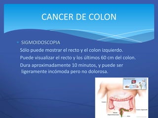 CANCER DE COLON

 SIGMOIDOSCOPIA
Sólo puede mostrar el recto y el colon izquierdo.
Puede visualizar el recto y los últimos 60 cm del colon.
Dura aproximadamente 10 minutos, y puede ser
 ligeramente incómoda pero no dolorosa.
 