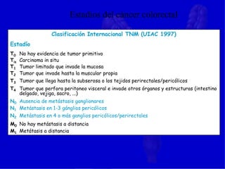 Estadios del cáncer colorectal
Clasificación Internacional TNM (UIAC 1997)
Estadío
T0 No hay evidencia de tumor primitivo
Tis Carcinoma in situ
T1 Tumor limitado que invade la mucosa
T2 Tumor que invade hasta la muscular propia
T3 Tumor que llega hasta la subserosa o los tejidos perirectales/pericólicos
T4 Tumor que perfora peritoneo visceral e invade otros órganos y estructuras (intestino
delgado, vejiga, sacro, ...)
N0 Ausencia de metástasis ganglionares
N1 Metástasis en 1-3 gánglios pericólicos
N2 Metástasis en 4 o más ganglios pericólicos/perirectales
M0 No hay metástasis a distancia
M1 Metátasis a distancia
 