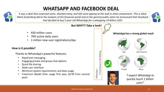 It was a deal that surprised some, shocked many, and left some gaping at the wall in sheer amazement. This is what
Mark Zuckerberg did to the analysts of the financial world and to the general public when he announced that Facebook
had decided to buy 5-year old WhatsApp for a whopping 19 billion USD!
But WHY?? Take a look!
• 450 million users
• 70% active daily users
• 1 million new user registrations/day
Asia Latin America
Europe Africa
WhatsApp has a strong global reach
“I expect WhatsApp to
quickly touch 1 billion
users”
WhatsApp–
APowerhouseintheMaking
How is it possible?
Thanks to WhatsApp’s powerful features:
• Rapid text messaging
• Engaging private and group chat options
• Quick file sharing
• Sleek user interface
• Minimum system requirements and data usage
• Freemium Model (free usage first year, $0.99 from second
year)
SANDESH MUNDRA & ASSOCIATES 10
WHATSAPP AND FACEBOOK DEAL
 