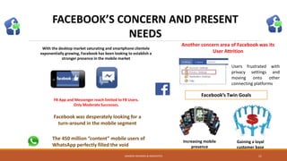 With the desktop market saturating and smartphone clientele
exponentially growing, Facebook has been looking to establish a
stronger presence in the mobile market
FB App and Messenger reach limited to FB Users.
Only Moderate Successes.
Facebook was desperately looking for a
turn-around in the mobile segment
Another concern area of Facebook was its
User Attrition
Users frustrated with
privacy settings and
moving onto other
connecting platforms
Facebook’s Twin Goals
Increasing mobile
presence
Gaining a loyal
customer base
The 450 million “content” mobile users of
WhatsApp perfectly filled the void
SANDESH MUNDRA & ASSOCIATES 11
FACEBOOK’S CONCERN AND PRESENT
NEEDS
 