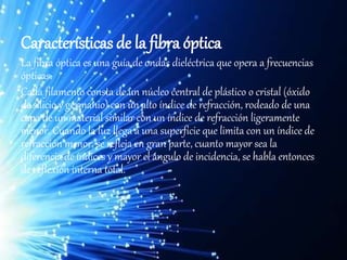Características de la fibra óptica
La fibra óptica es una guía de ondas dieléctrica que opera a frecuencias
ópticas.
Cada filamento consta de un núcleo central de plástico o cristal (óxido
de silicio y germanio) con un alto índice de refracción, rodeado de una
capa de un material similar con un índice de refracción ligeramente
menor. Cuando la luz llega a una superficie que limita con un índice de
refracción menor, se refleja en gran parte, cuanto mayor sea la
diferencia de índices y mayor el ángulo de incidencia, se habla entonces
de reflexión interna total.
 
