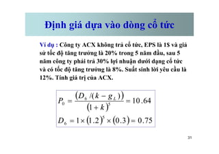 Định giá dựa vào dòng cổ tức
Ví dụ : Công ty ACX không trả cổ tức, EPS là 1$ và giả
sử tốc độ tăng trưởng là 20% trong 5 năm đầu, sau 5
năm công ty phải trả 30% lợi nhuận dưới dạng cổ tức
và có tốc độ tăng trưởng là 8%. Suất sinh lời yêu cầu là
12%. Tính giá trị của ACX.
31
12%. Tính giá trị của ACX.
( )
( )
( ) ( ) 75
.
0
3
.
0
2
.
1
1
64
.
10
1
)
/(
5
6
5
6
0
=
´
´
=
=
+
-
=
D
k
g
k
D
P L
 