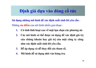 Định giá dựa vào dòng cổ tức
Sử dụng những mô hình để xác định suất sinh lời yêu cầu :
Những ưu điểm của mô hình nhiều giai đoạn :
1. Có tính linh hoạt cao về mặt lựa chọn các phương án
2. Các mô hình có thể được sử dụng để xác định giá trị
35
2. Các mô hình có thể được sử dụng để xác định giá trị
của chứng khoán hay giá trị của một công ty cũng
như xác định suất sinh lời yêu cầu.
3. Dễ áp dụng và dễ thay đổi các tham số.
4. Mô hình dễ sử dụng nhờ vào bảng tra.
 
