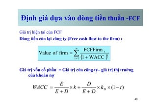 Định giá dựa vào dòng tiền thuần -FCF
Giá trị hiện tại của FCF
Dòng tiền còn lại công ty (Free cash flow to the firm) :
( )
å
¥
+
= t
WACC
1
FCFFirm
firm
of
Value t
40
Giá trị vốn cổ phần = Giá trị của công ty– giá trị thị truờng
của khoản nợ
( )
å
= +
=
1
t WACC
1
firm
of
Value t
)
1
( t
k
D
E
D
k
D
E
E
WACC D -
´
´
+
+
´
+
=
 