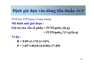 Định giá dựa vào dòng tiền thuần -FCF
FCFFirm, FCFEquity và tăng trưởng
Mô hình một giai đoạn :
Giá trị của vốn cổ phần = FCFEquity1/(k-g)
= FCFEquity0*(1+g)/(k-g)
44
= FCFEquity0*(1+g)/(k-g)
Ví dụ :
R = 0.05+(1.1*0.1)=16%
P = 1.65*1.06/(0.16-0.06)=17.49$
 