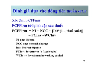 Định giá dựa vào dòng tiền thuần -FCF
Xác định FCFFirm
FCFFirm từ lợi nhuận sau thuế:
FCFFirm = NI + NCC + [Int*(1 – thuế suất)]
– FCInv –WCInv
45
– FCInv –WCInv
NI : net income
NCC : net noncash charges
Int : interest expense
FCInv : investment in fixed capital
WCInv = investment in working capital
 