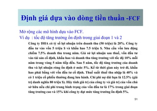 Định giá dựa vào dòng tiền thuần -FCF
Mở rộng các mô hình dựa vào FCF.
Ví dụ : tốc độ tăng trưởng ổn định trong giai đoạn 1 và 2
Công ty DHA có tỷ số lợi nhuận trên doanh thu (50 triệu) là 20%. Công ty
đầu tư vào vốn 5 triệu $ và khấu hao 7.5 triệu $. Nhu cầu vốn lưu động
chiếm 7.5% doanh thu trong năm. Giả sử lợi nhuận sau thuế, vốn đầu tư
51
vào tài sản cố định, khấu hao và doanh thu tăng trưởng với tốc độ 10% mỗi
năm trong vòng 5 năm tiếp đến. Sau 5 năm, tốc độ tăng trưởng của doanh
thu và lợi nhuận ròng ổn định ở mức 5%. Kể từ thời gian này trở đi, khấu
hao phải bằng với vốn đầu tư cố định. Thuế suất thuế thu nhập là 40% và
có 1 triệu cổ phiếu thường đang lưu hành. Chi phí nợ dài hạn là 12.5% (giá
trị danh nghĩa 80 triệu $). Hãy tính giá trị của công ty và giá trị của vốn chủ
sở hữu nếu chi phí trung bình trọng của vốn đầu tư là 17% trong giai đoạn
tăng trưởng cao và 15% khi công ty đạt mức tăng trưởng ổn định 5%.
 