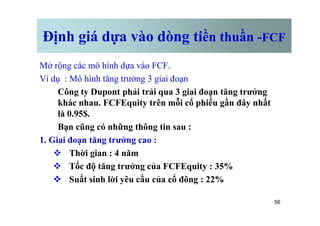 Định giá dựa vào dòng tiền thuần -FCF
Mở rộng các mô hình dựa vào FCF.
Ví dụ : Mô hình tăng trưởng 3 giai đoạn
Công ty Dupont phải trải qua 3 giai đoạn tăng trưởng
khác nhau. FCFEquity trên mỗi cổ phiếu gần đây nhất
là 0.95$.
56
là 0.95$.
Bạn cũng có những thông tin sau :
1. Giai đoạn tăng trưởng cao :
v Thời gian : 4 năm
v Tốc độ tăng trưởng của FCFEquity : 35%
v Suất sinh lời yêu cầu của cổ đông : 22%
 