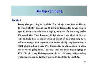 Bài tập vận dụng
Bài tập 1 :
Trong năm qua, công ty Lambda có lợi nhuận trước thuế và lãi vay
20 triệu $ (EBIT) (doanh thu 60 triệu $). Khoản đầu tư vào vốn cố
định 12 triệu $ và khấu hao 8 triệu $. Nhu cầu vốn lưu động chiếm
5% doanh thu. Theo Lambda thì lợi nhuận trước thuế và lãi vay
60
5% doanh thu. Theo Lambda thì lợi nhuận trước thuế và lãi vay
(EBIT), khấu hao tài sản cố định và doanh số bán phải tăng 12%
mỗi năm trong 5 năm tiếp đến. Sau 5 năm, tốc độ tăng doanh thu và
EBIT phải ổn định ở mức 4%. Khoản đầu tư vốn cố định và khấu
hao do vậy sẽ giống nhau. Thuế suất thuế thu nhập doanh nghiệp là
40%. Chi phí trung bình trọng của vốn là 11% trong thời gian tăng
trưởng cao và sau đó là 8%. Tính giá trị của Công ty Lambda.
 
