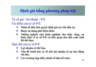 Định giá bằng phương pháp bội
Tỷ số giá / lợi nhuận : P/E
Ưu điểm của tỷ số P/E
v Nhân tố đầu tiên quyết định giá trị vốn đầu tư,
v Được sử dụng phổ biến nhất,
v Những nghiên cứu kinh nghiệm cho thấy rằng, sự
64
v Những nghiên cứu kinh nghiệm cho thấy rằng, sự
khác biệt về tỷ số P/E có liên quan lớn đến suất sinh
lời dài hạn.
Hạn chế của tỷ số P/E
v Lợi nhuận có thể âm,
v Vấn đề trình bày tỷ số nếu lợi nhuận có sự dao động
rất lớn,
v Các trường hợp điều chỉnh số liệu kế toán.
 