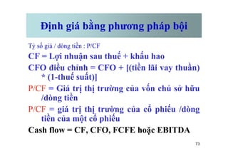 Định giá bằng phương pháp bội
Tỷ số giá / dòng tiền : P/CF
CF = Lợi nhuận sau thuế + khấu hao
CFO điều chỉnh = CFO + [(tiền lãi vay thuần)
* (1-thuế suất)]
73
* (1-thuế suất)]
P/CF = Giá trị thị trường của vốn chủ sở hữu
/dòng tiền
P/CF = giá trị thị trường của cổ phiếu /dòng
tiền của một cổ phiếu
Cash flow = CF, CFO, FCFE hoặc EBITDA
 